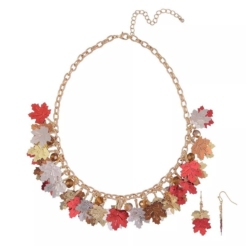 Celebrate Together Fall Jewelry Set Foil Leaf Earrings Necklace 2 Pc Maple NWT